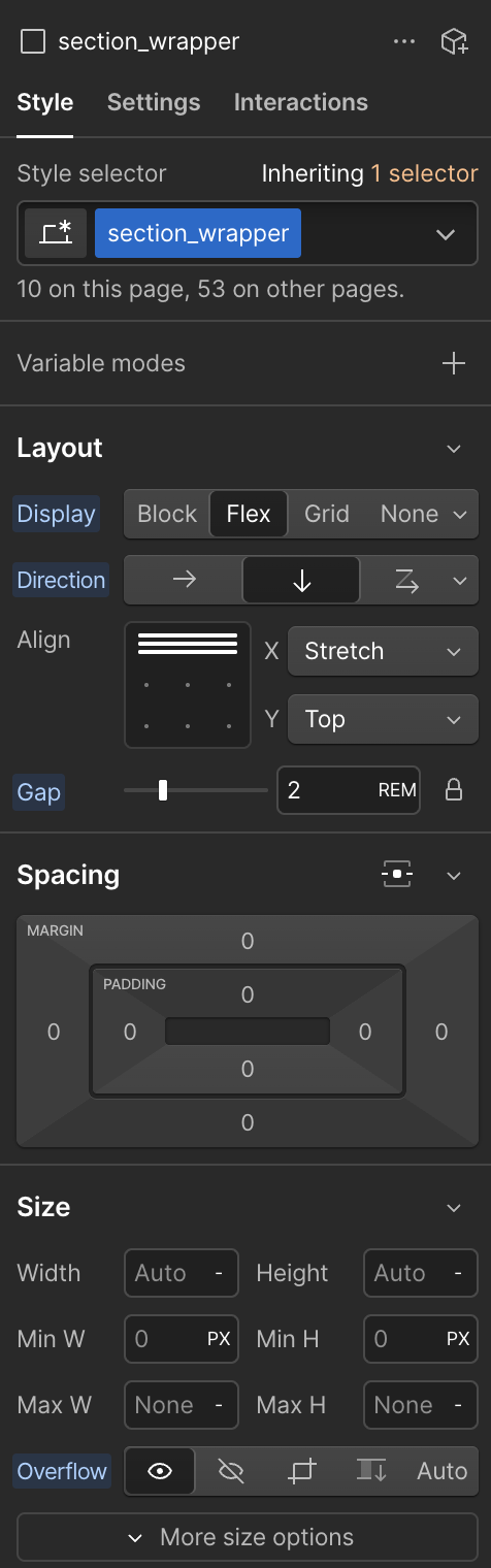 Webflow Style panel — section_wrapper inheritance