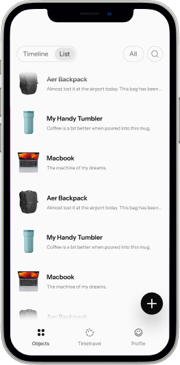 Anchor list view showing matching objects: an Aer backpack, a tumbler, a MacBook, each with a short note.