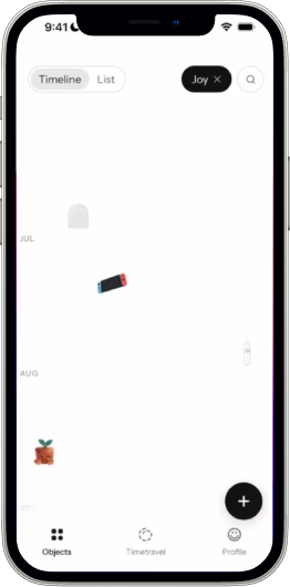 Anchor timeline filtered by a ‘Joy’ tag, surfacing the objects that match.