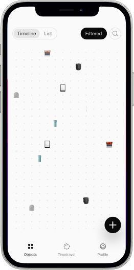 Anchor timeline view: object thumbnails scattered across a dotted grid, filtered by time, with a floating add button.