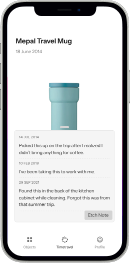 Anchor object detail for a Mepal travel mug dated 18 June 2014, with dated notes from 2014, 2019 and 2021.