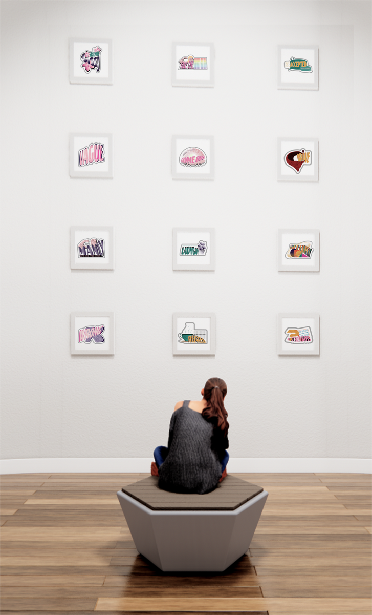 Gallery rendering — sticker grid wall