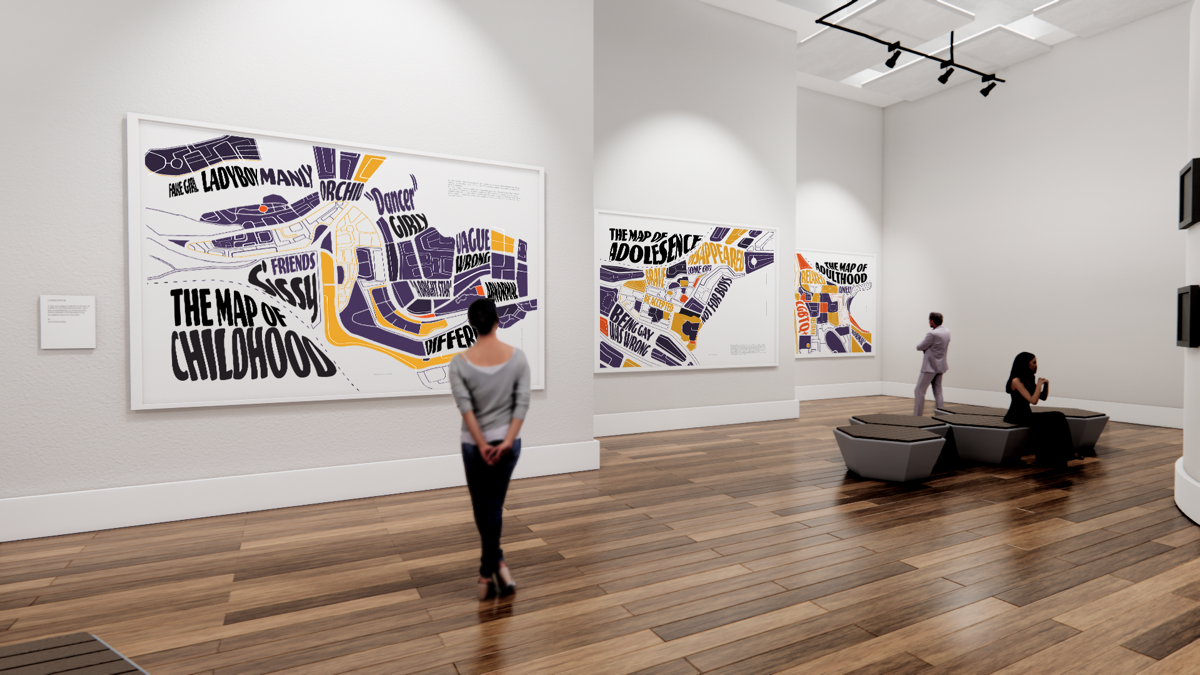 Gallery rendering — typographic maps on wall