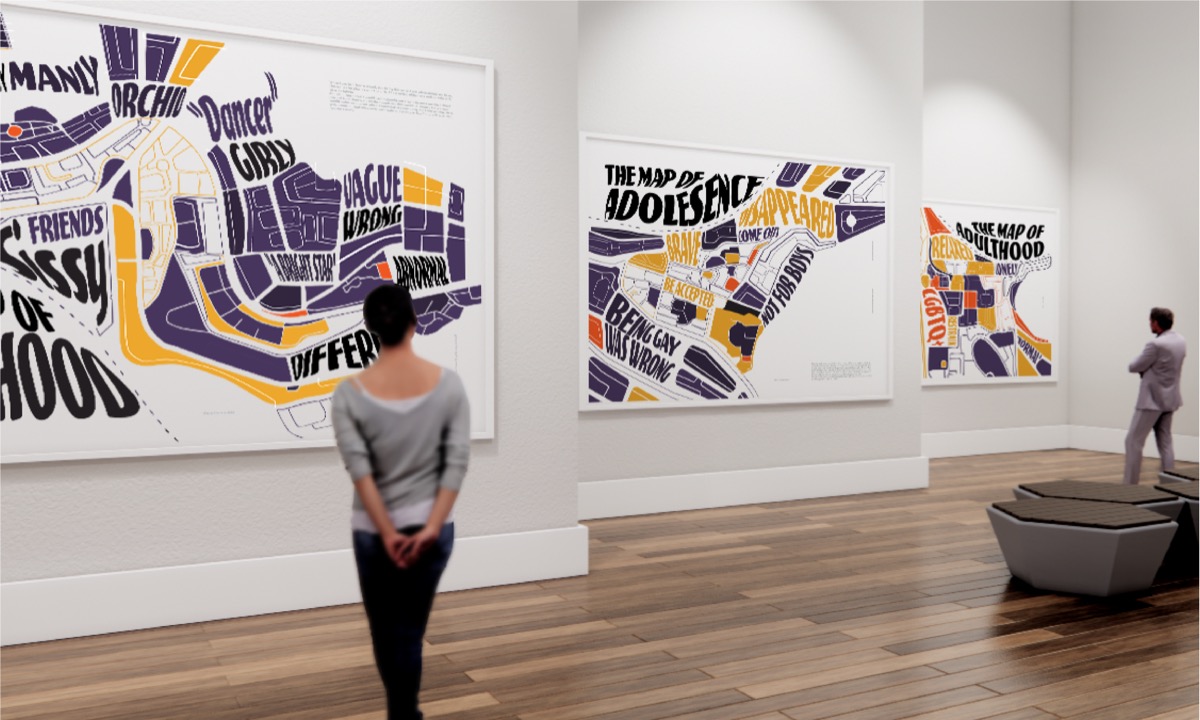 Gallery installation — typographic maps on wall
