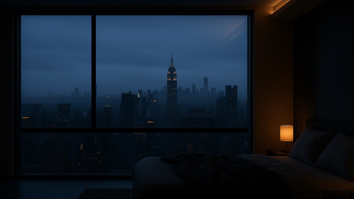 Smart film window — opaque, foggy skyline