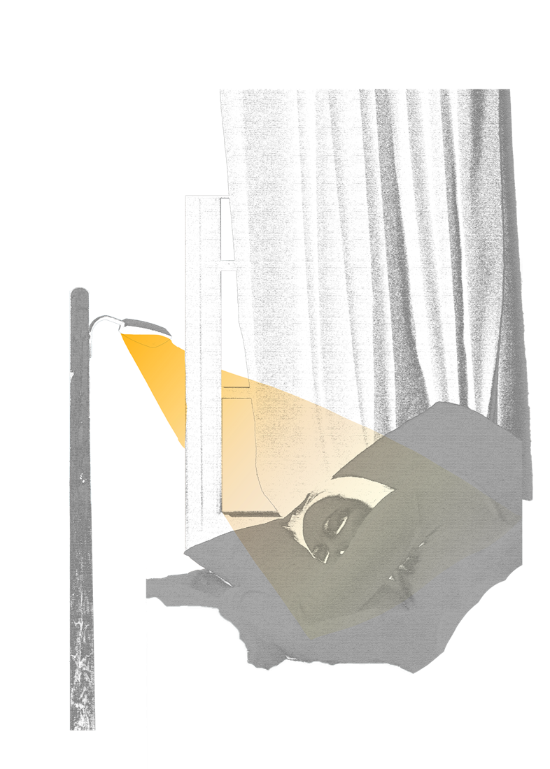 Person in bed, disturbed by street light through the curtain