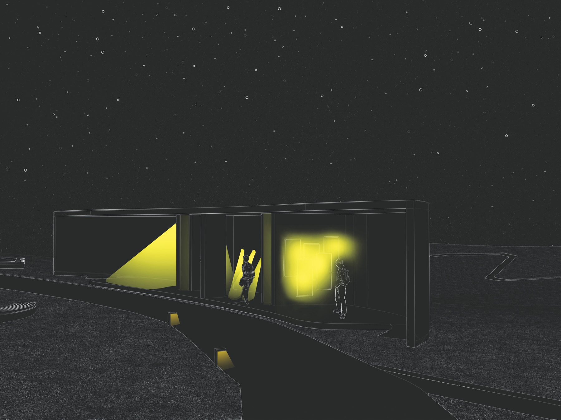 Night render of the lighting installation glowing yellow
