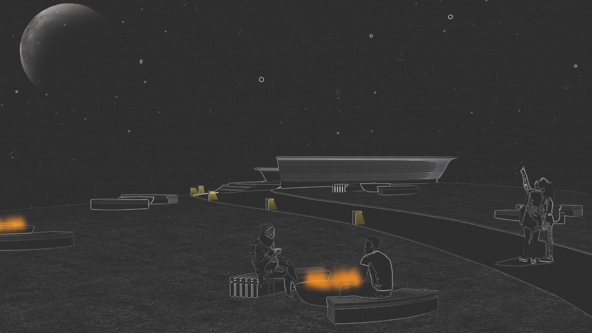 Night rendering of the stargazing site — pavilion, firepits, and visitors under the moon
