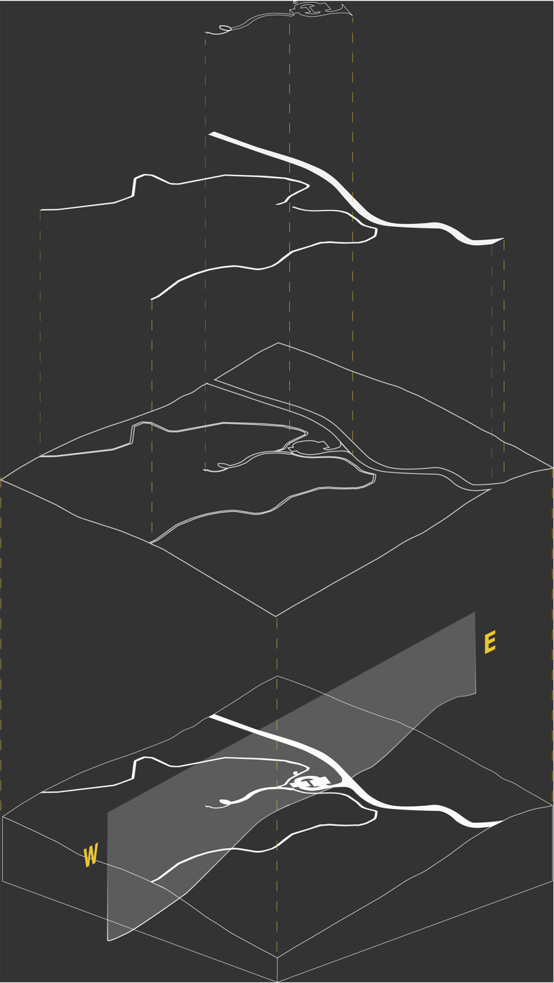 Site axonometric — terrain layers, west to east