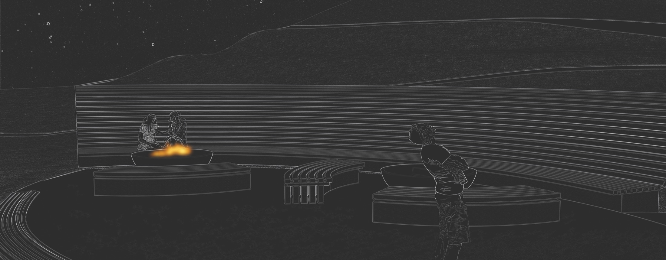 Wide night view of the site under the stars